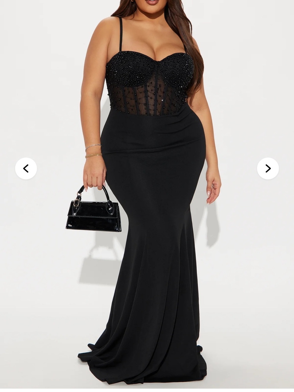 Fashion Nova Black Beaded Mesh Corset Mermaid Prom Dress